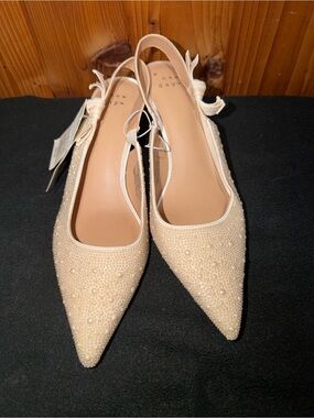 Women's Pearl-Embellished Cream Slingback Kitten Heels A New Day